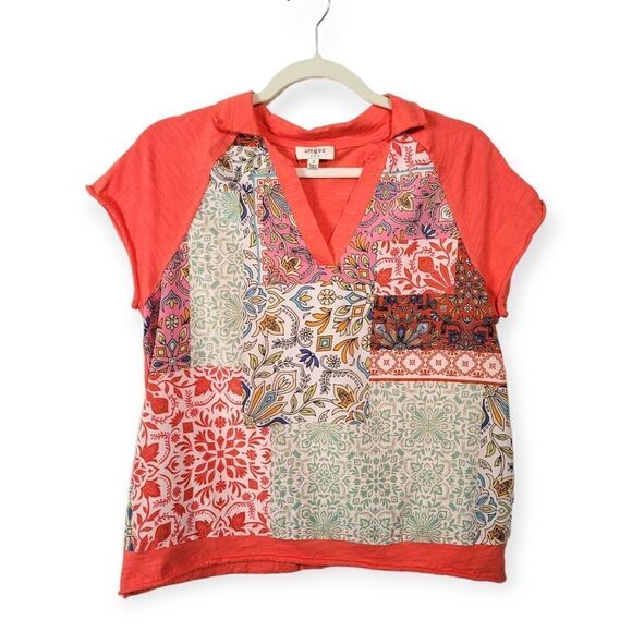 Umgee Coral Scarf Mixed Media Patchwork Raglan Sleeve Top - Picture 1 of 6